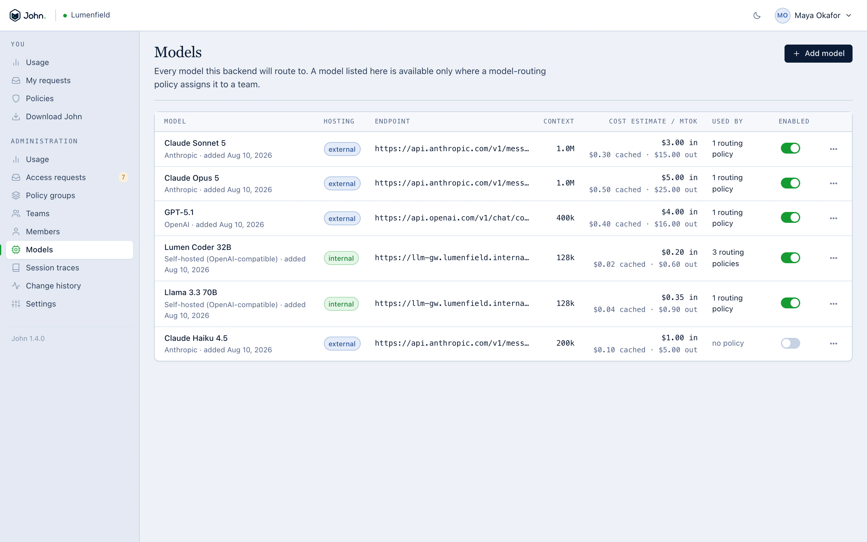 The models page in the John console: external and internally hosted models with their endpoints, context sizes, costs and the routing policies that use them.