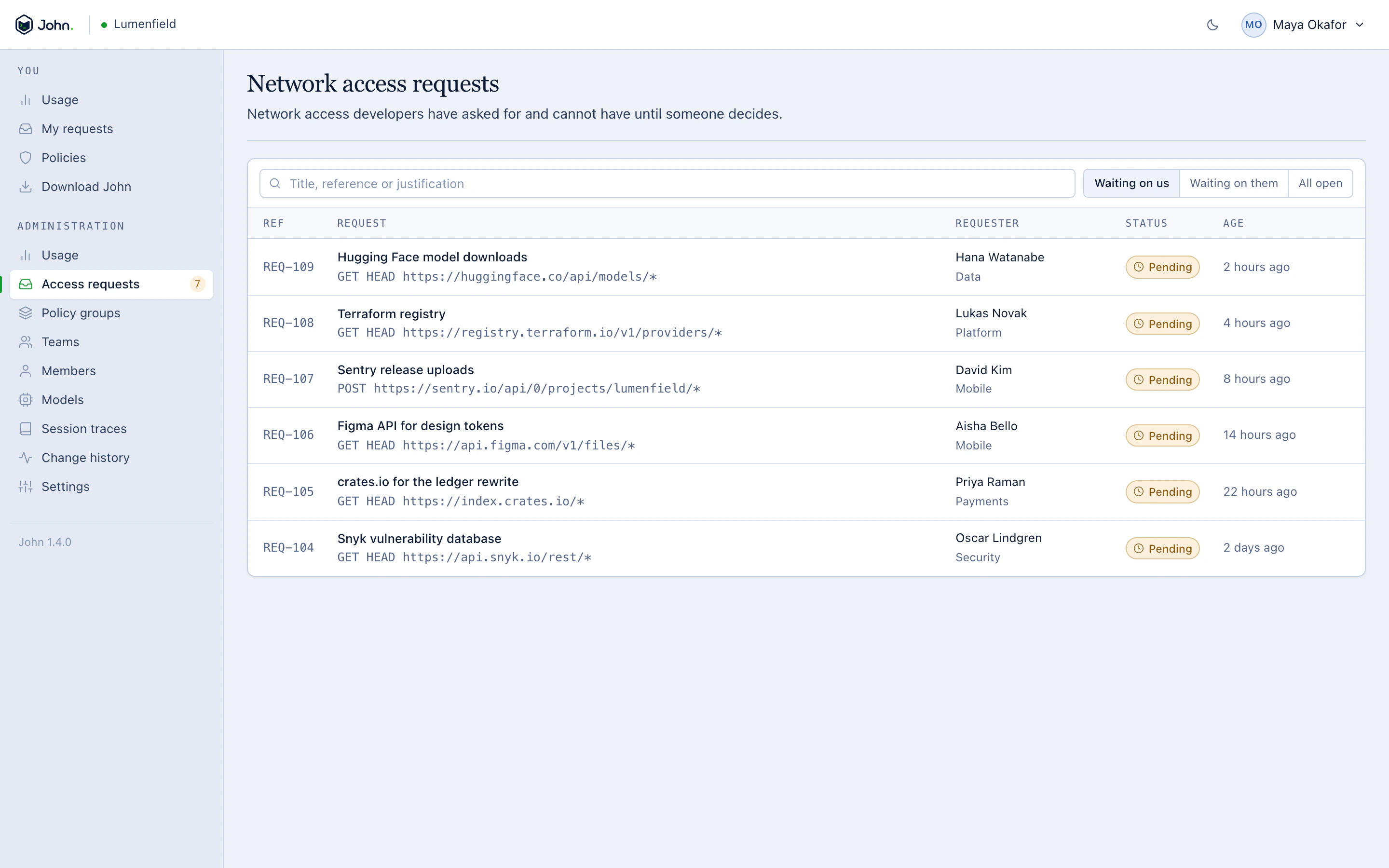 Pending network access requests in the John console, each with the requested URL, the developer and their team.